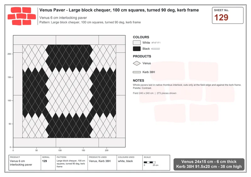 Interlock (Pasco) 24x15 cm · VEN-129 · Large block chequer, 100 cm squares, turned 90 deg, kerb frame · Laying plan