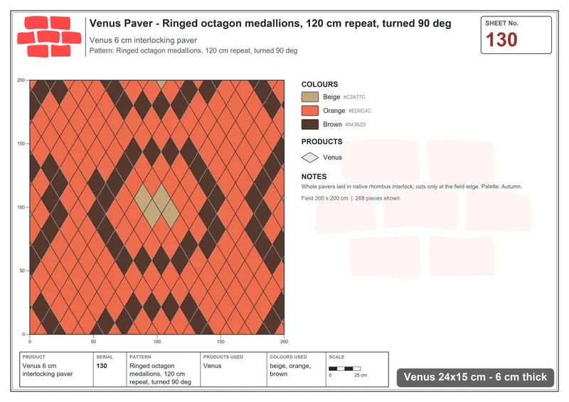 Interlock (Pasco) 24x15 cm · VEN-130 · Ringed octagon medallions, 120 cm repeat, turned 90 deg · Laying plan