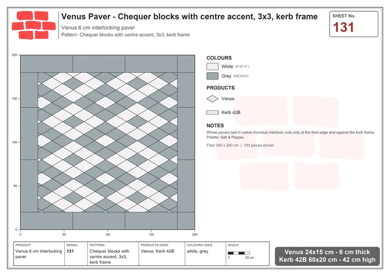 Interlock (Pasco) 24x15 cm · VEN-131 · Chequer blocks with centre accent, 3x3, kerb frame · Laying plan
