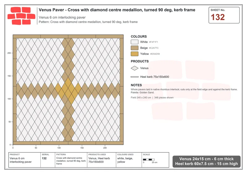 Interlock (Pasco) 24x15 cm · VEN-132 · Cross with diamond centre medallion, turned 90 deg, kerb frame · Laying plan