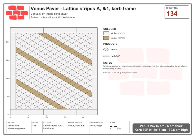 Interlock (Pasco) 24x15 cm · VEN-134 · Lattice stripes A, 6/1, kerb frame · Laying plan