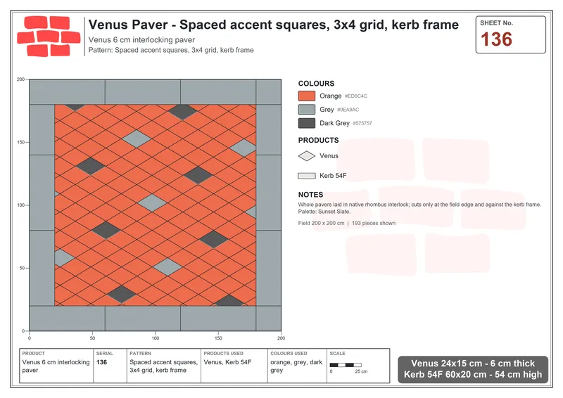 Interlock (Pasco) 24x15 cm · VEN-136 · Spaced accent squares, 3x4 grid, kerb frame · Laying plan