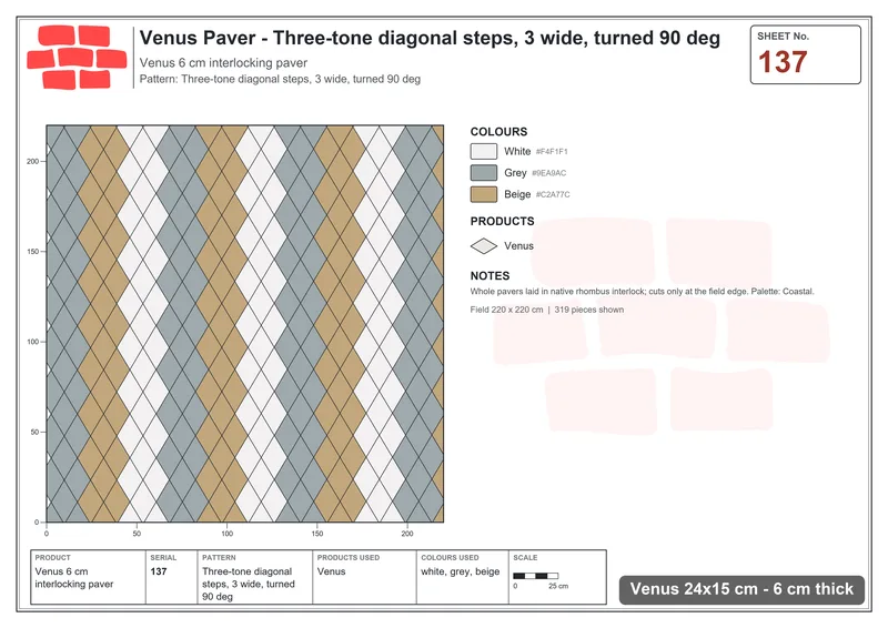 Interlock (Pasco) 24x15 cm · VEN-137 · Three-tone diagonal steps, 3 wide, turned 90 deg · Laying plan