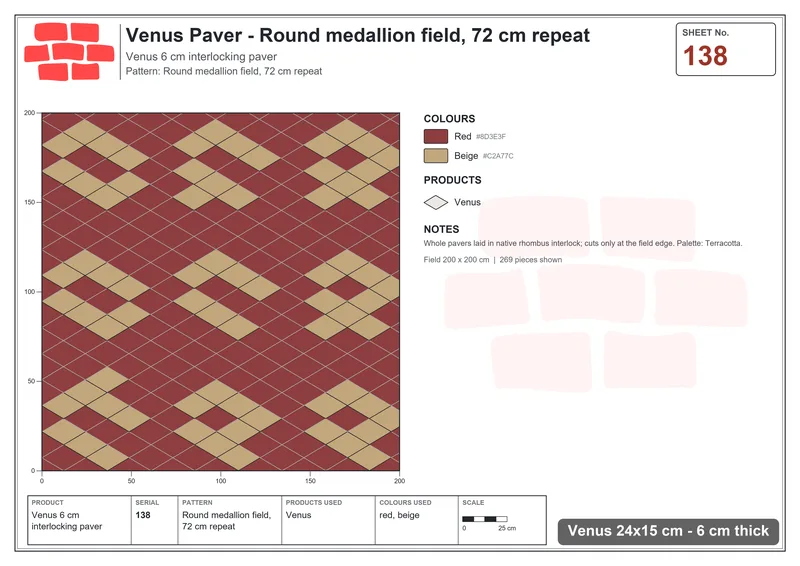 Interlock (Pasco) 24x15 cm · VEN-138 · Round medallion field, 72 cm repeat · Laying plan