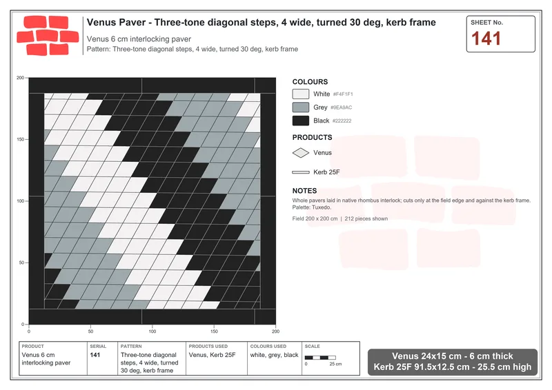 Interlock (Pasco) 24x15 cm · VEN-141 · Three-tone diagonal steps, 4 wide, turned 30 deg, kerb frame · Laying plan
