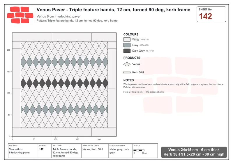Interlock (Pasco) 24x15 cm · VEN-142 · Triple feature bands, 12 cm, turned 90 deg, kerb frame · Laying plan