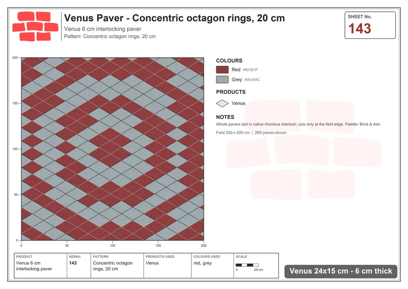 Interlock (Pasco) 24x15 cm · VEN-143 · Concentric octagon rings, 20 cm · Laying plan