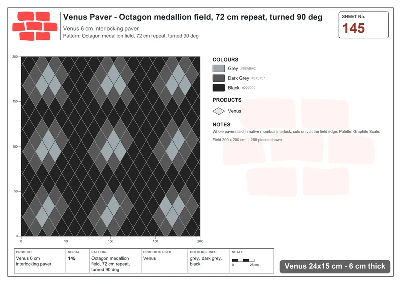 Interlock (Pasco) 24x15 cm · VEN-145 · Octagon medallion field, 72 cm repeat, turned 90 deg · Laying plan
