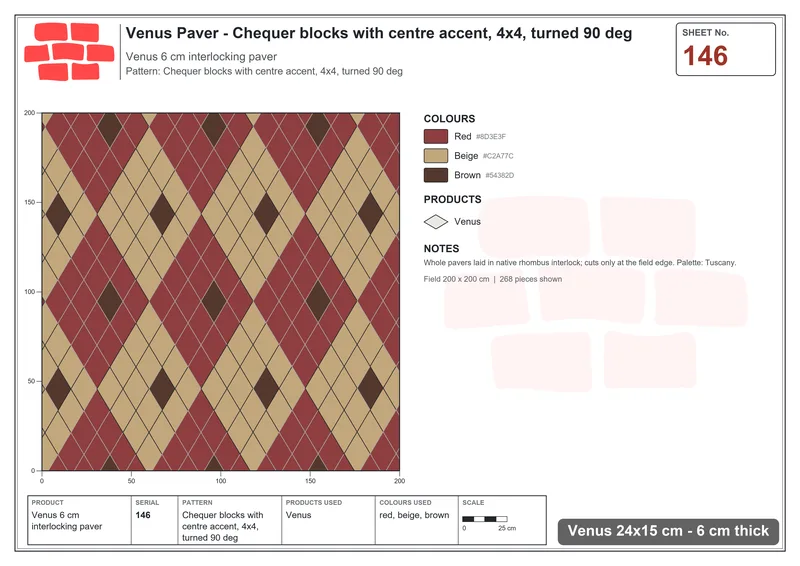 Interlock (Pasco) 24x15 cm · VEN-146 · Chequer blocks with centre accent, 4x4, turned 90 deg · Laying plan