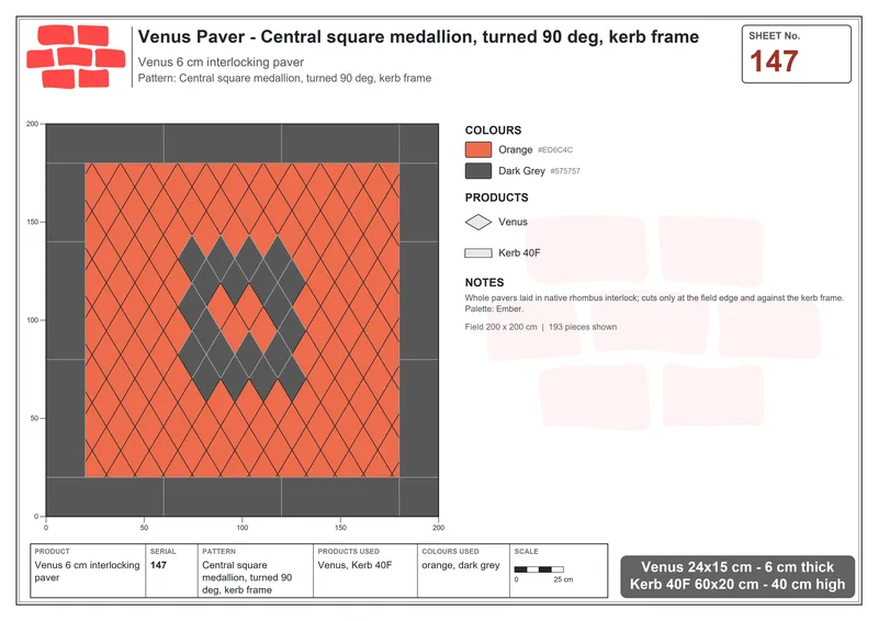 Interlock (Pasco) 24x15 cm · VEN-147 · Central square medallion, turned 90 deg, kerb frame · Laying plan