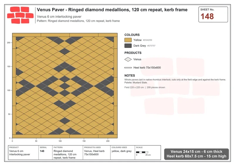 Interlock (Pasco) 24x15 cm · VEN-148 · Ringed diamond medallions, 120 cm repeat, kerb frame · Laying plan