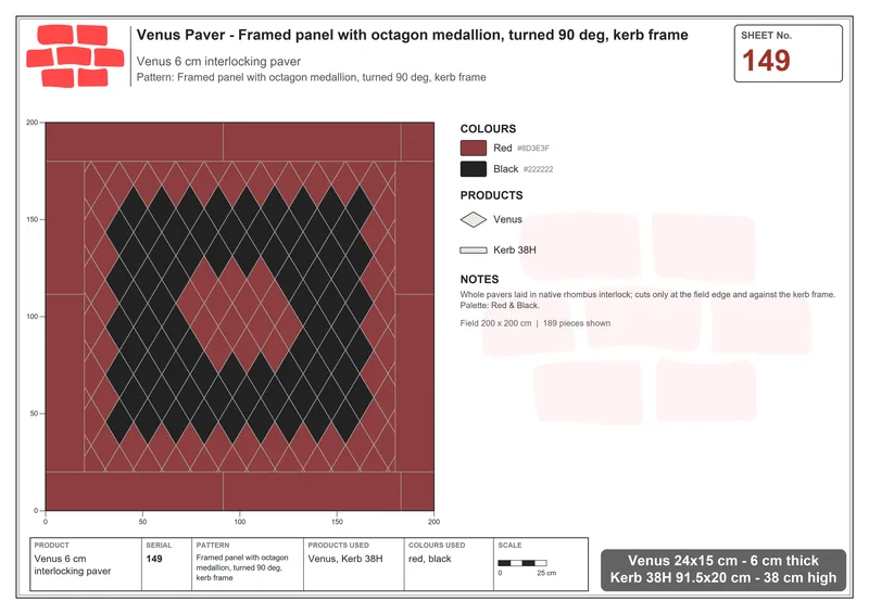 Interlock (Pasco) 24x15 cm · VEN-149 · Framed panel with octagon medallion, turned 90 deg, kerb frame · Laying plan