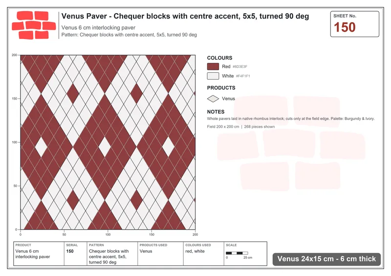Interlock (Pasco) 24x15 cm · VEN-150 · Chequer blocks with centre accent, 5x5, turned 90 deg · Laying plan