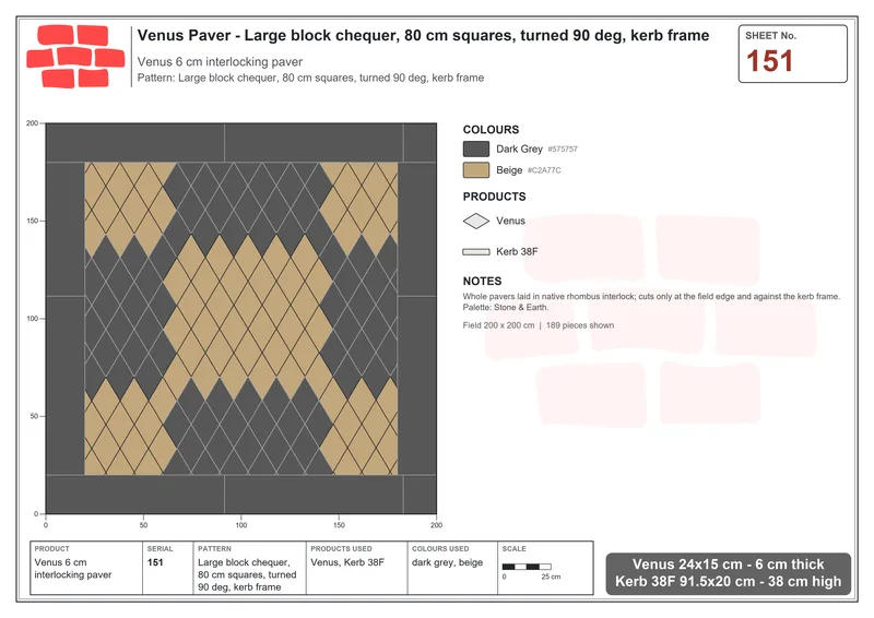 Interlock (Pasco) 24x15 cm · VEN-151 · Large block chequer, 80 cm squares, turned 90 deg, kerb frame · Laying plan