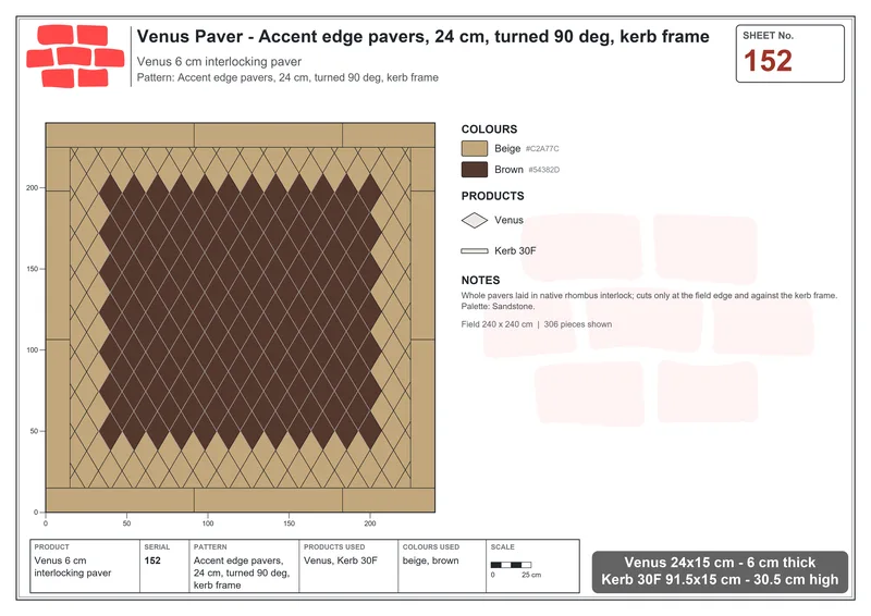 Interlock (Pasco) 24x15 cm · VEN-152 · Accent edge pavers, 24 cm, turned 90 deg, kerb frame · Laying plan