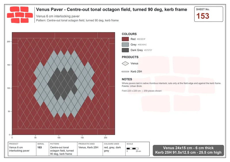 Interlock (Pasco) 24x15 cm · VEN-153 · Centre-out tonal octagon field, turned 90 deg, kerb frame · Laying plan