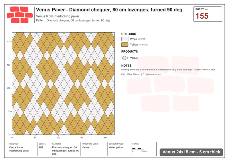 Interlock (Pasco) 24x15 cm · VEN-155 · Diamond chequer, 60 cm lozenges, turned 90 deg · Laying plan