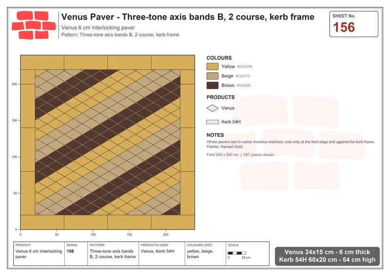 Interlock (Pasco) 24x15 cm · VEN-156 · Three-tone axis bands B, 2 course, kerb frame · Laying plan