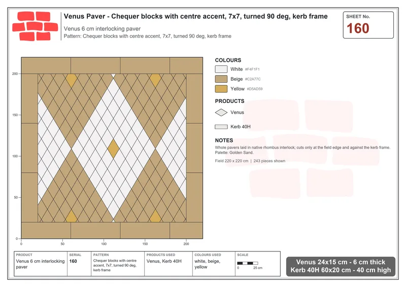 Interlock (Pasco) 24x15 cm · VEN-160 · Chequer blocks with centre accent, 7x7, turned 90 deg, kerb frame · Laying plan