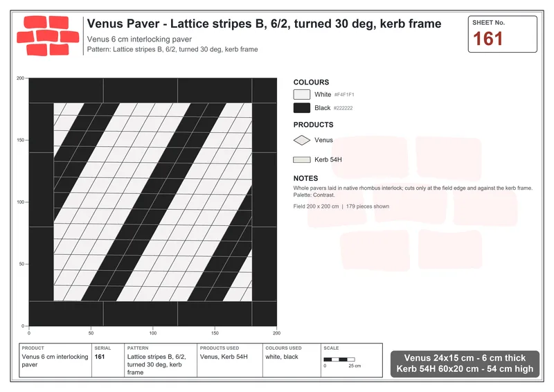 Interlock (Pasco) 24x15 cm · VEN-161 · Lattice stripes B, 6/2, turned 30 deg, kerb frame · Laying plan