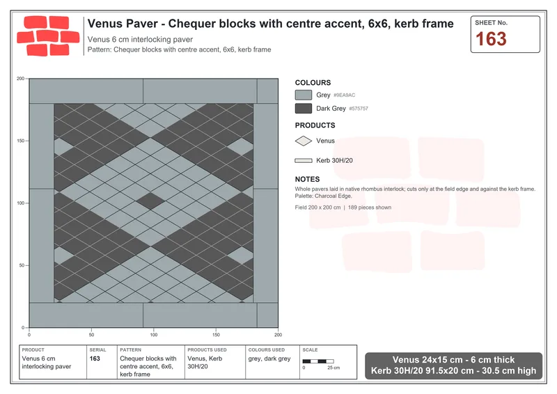 Interlock (Pasco) 24x15 cm · VEN-163 · Chequer blocks with centre accent, 6x6, kerb frame · Laying plan