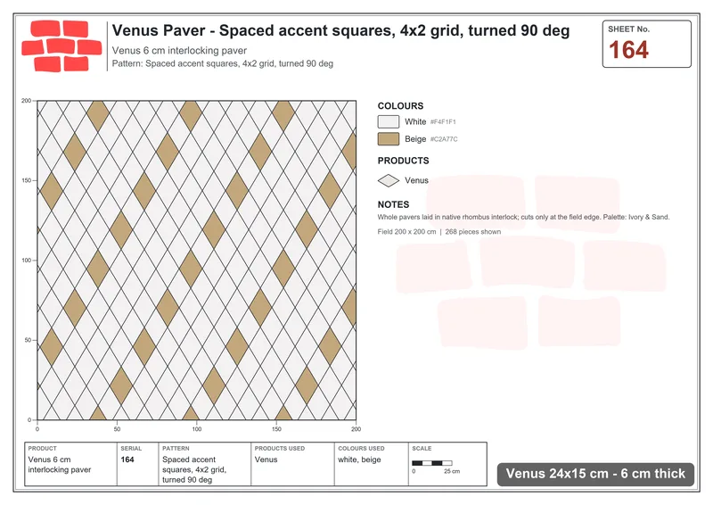Interlock (Pasco) 24x15 cm · VEN-164 · Spaced accent squares, 4x2 grid, turned 90 deg · Laying plan