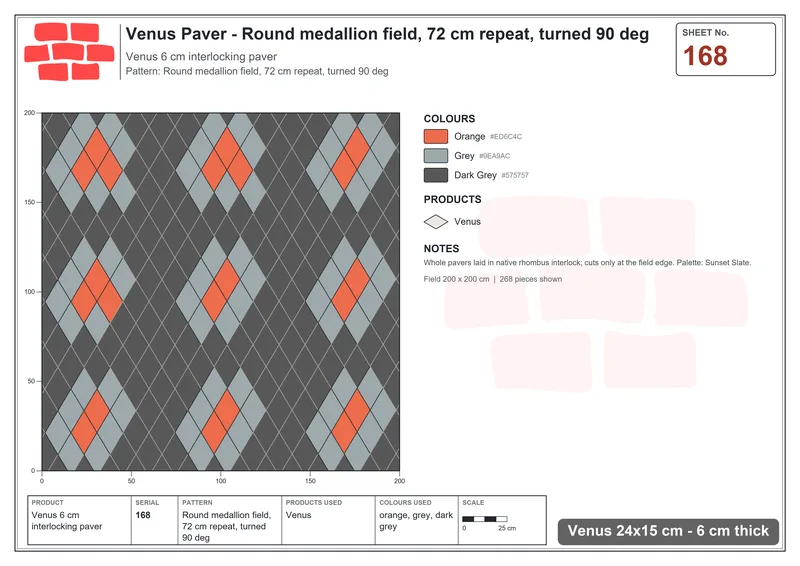 Interlock (Pasco) 24x15 cm · VEN-168 · Round medallion field, 72 cm repeat, turned 90 deg · Laying plan