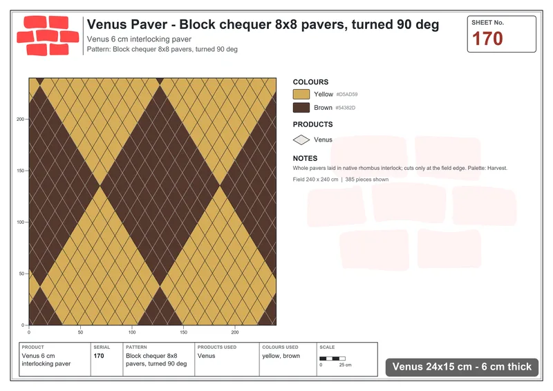 Interlock (Pasco) 24x15 cm · VEN-170 · Block chequer 8x8 pavers, turned 90 deg · Laying plan