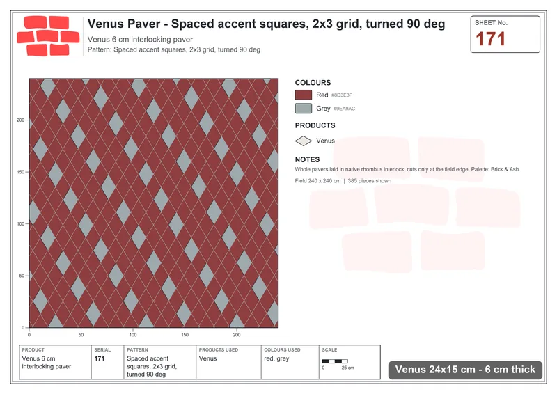 Interlock (Pasco) 24x15 cm · VEN-171 · Spaced accent squares, 2x3 grid, turned 90 deg · Laying plan