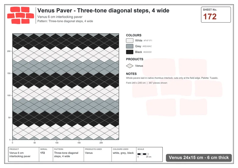 Interlock (Pasco) 24x15 cm · VEN-172 · Three-tone diagonal steps, 4 wide · Laying plan