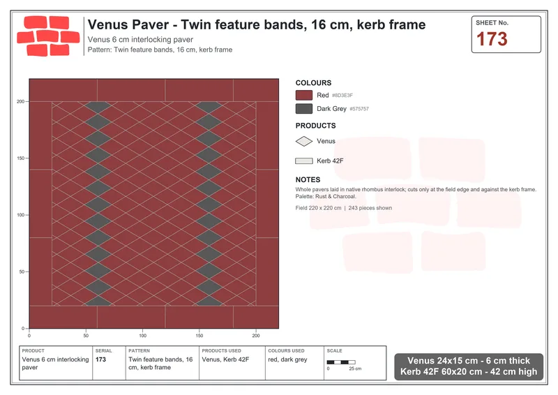 Interlock (Pasco) 24x15 cm · VEN-173 · Twin feature bands, 16 cm, kerb frame · Laying plan