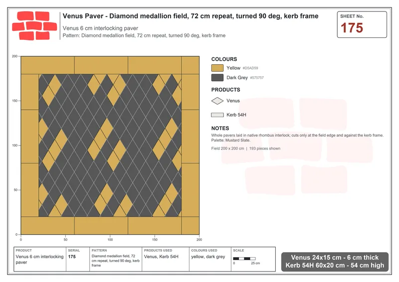 Interlock (Pasco) 24x15 cm · VEN-175 · Diamond medallion field, 72 cm repeat, turned 90 deg, kerb frame · Laying plan