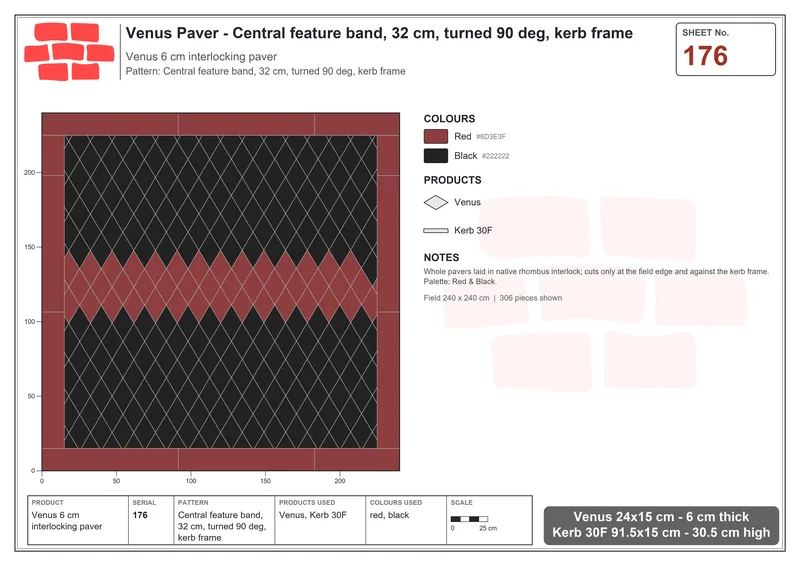 Interlock (Pasco) 24x15 cm · VEN-176 · Central feature band, 32 cm, turned 90 deg, kerb frame · Laying plan
