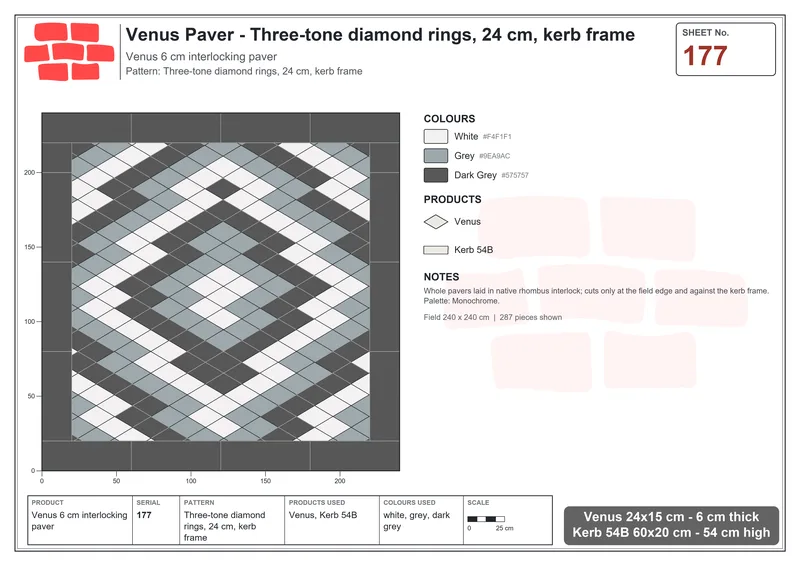 Interlock (Pasco) 24x15 cm · VEN-177 · Three-tone diamond rings, 24 cm, kerb frame · Laying plan