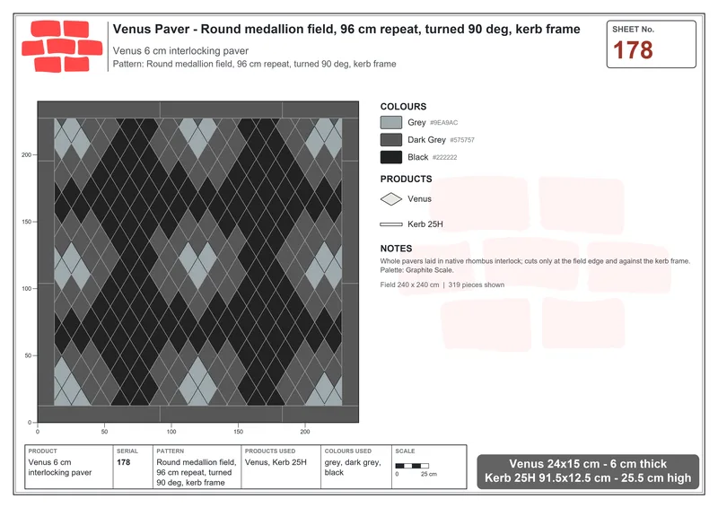 Interlock (Pasco) 24x15 cm · VEN-178 · Round medallion field, 96 cm repeat, turned 90 deg, kerb frame · Laying plan