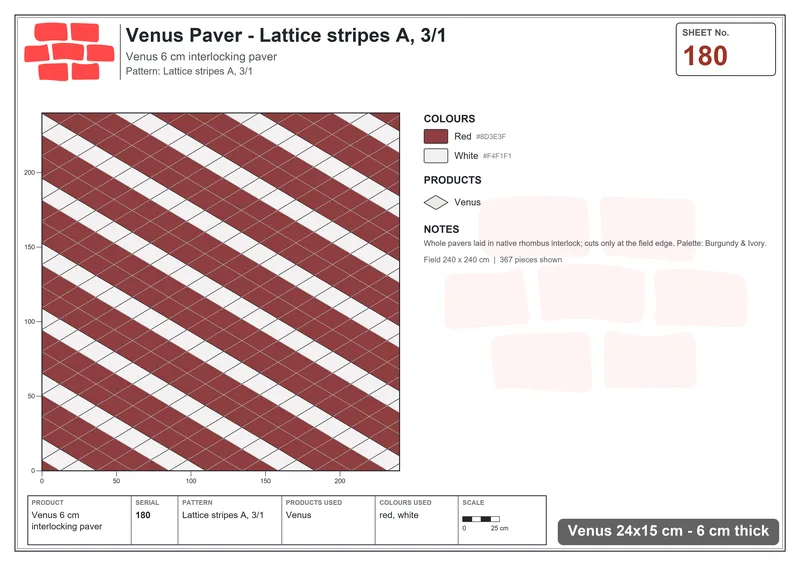 Interlock (Pasco) 24x15 cm · VEN-180 · Lattice stripes A, 3/1 · Laying plan