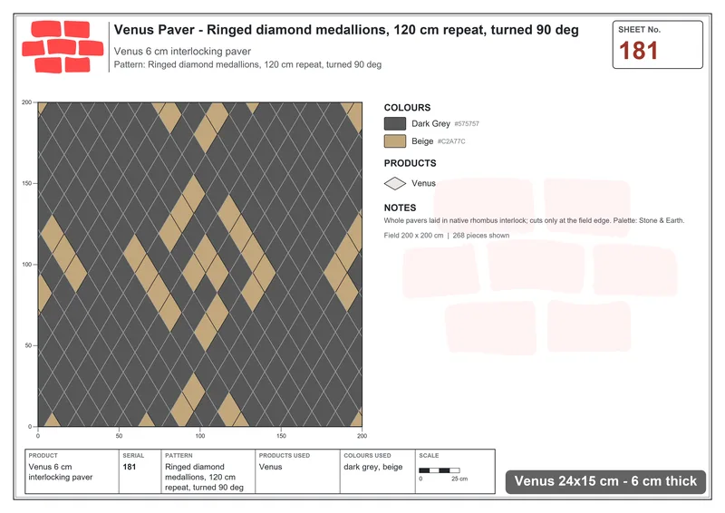 Interlock (Pasco) 24x15 cm · VEN-181 · Ringed diamond medallions, 120 cm repeat, turned 90 deg · Laying plan