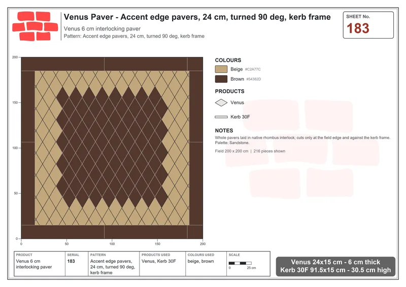 Interlock (Pasco) 24x15 cm · VEN-183 · Accent edge pavers, 24 cm, turned 90 deg, kerb frame · Laying plan