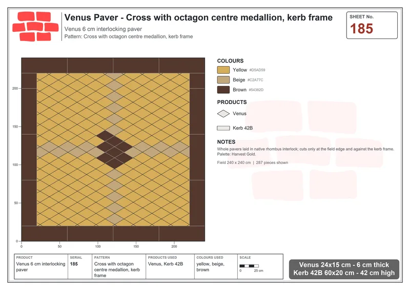 Interlock (Pasco) 24x15 cm · VEN-185 · Cross with octagon centre medallion, kerb frame · Laying plan
