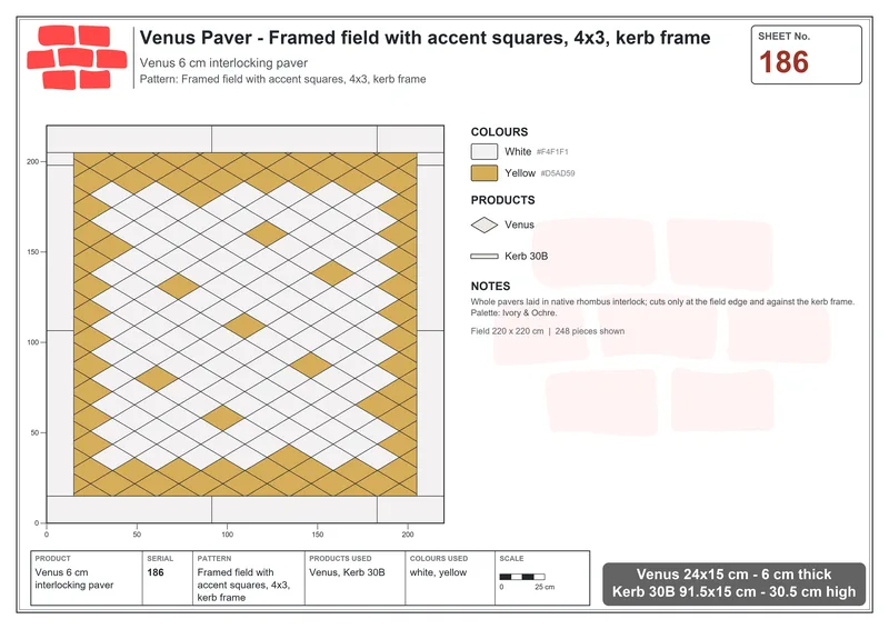 Interlock (Pasco) 24x15 cm · VEN-186 · Framed field with accent squares, 4x3, kerb frame · Laying plan