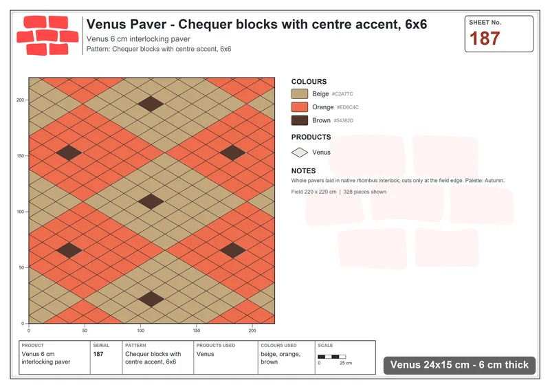 Interlock (Pasco) 24x15 cm · VEN-187 · Chequer blocks with centre accent, 6x6 · Laying plan