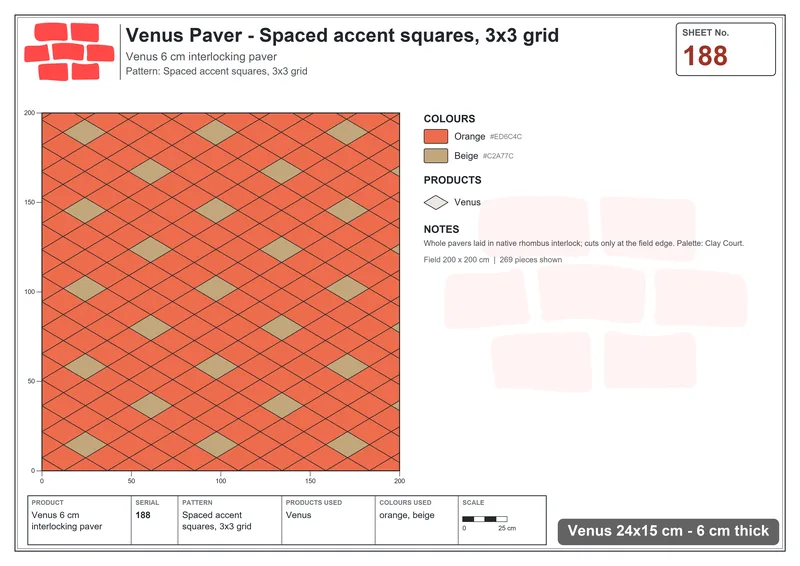 Interlock (Pasco) 24x15 cm · VEN-188 · Spaced accent squares, 3x3 grid · Laying plan