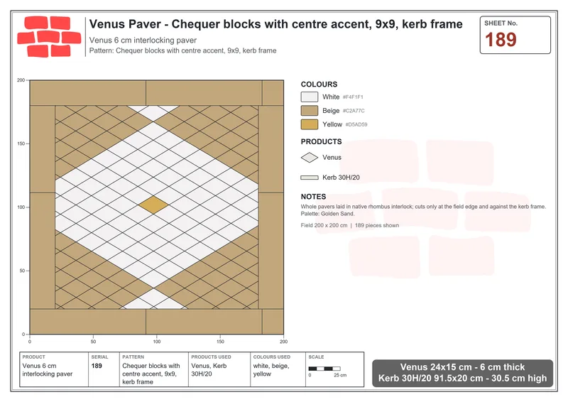 Interlock (Pasco) 24x15 cm · VEN-189 · Chequer blocks with centre accent, 9x9, kerb frame · Laying plan