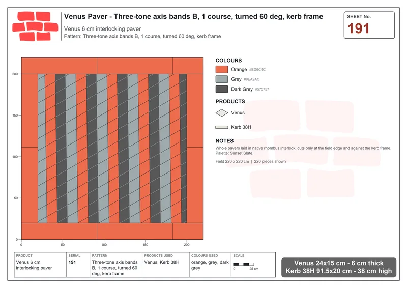 Interlock (Pasco) 24x15 cm · VEN-191 · Three-tone axis bands B, 1 course, turned 60 deg, kerb frame · Laying plan