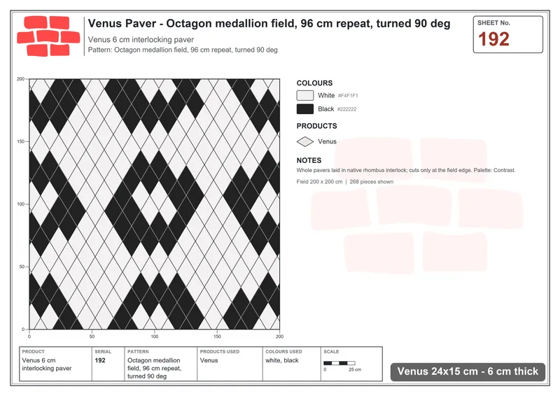 Interlock (Pasco) 24x15 cm · VEN-192 · Octagon medallion field, 96 cm repeat, turned 90 deg · Laying plan