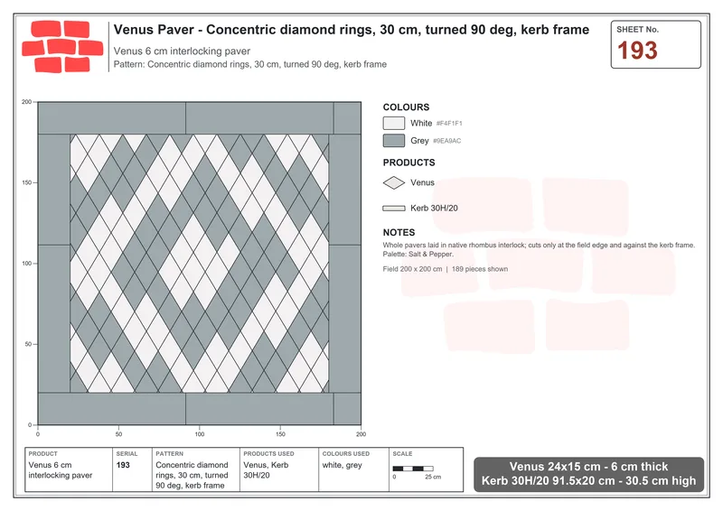 Interlock (Pasco) 24x15 cm · VEN-193 · Concentric diamond rings, 30 cm, turned 90 deg, kerb frame · Laying plan