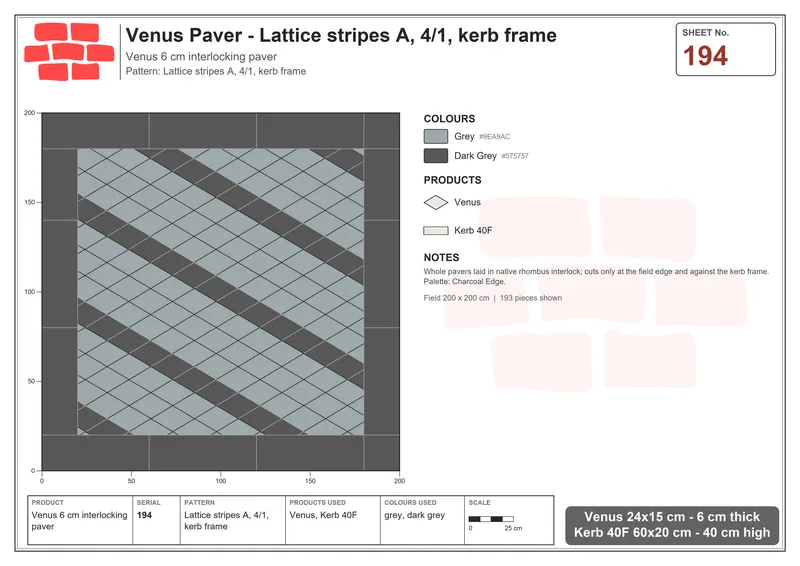 Interlock (Pasco) 24x15 cm · VEN-194 · Lattice stripes A, 4/1, kerb frame · Laying plan