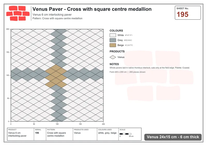 Interlock (Pasco) 24x15 cm · VEN-195 · Cross with square centre medallion · Laying plan