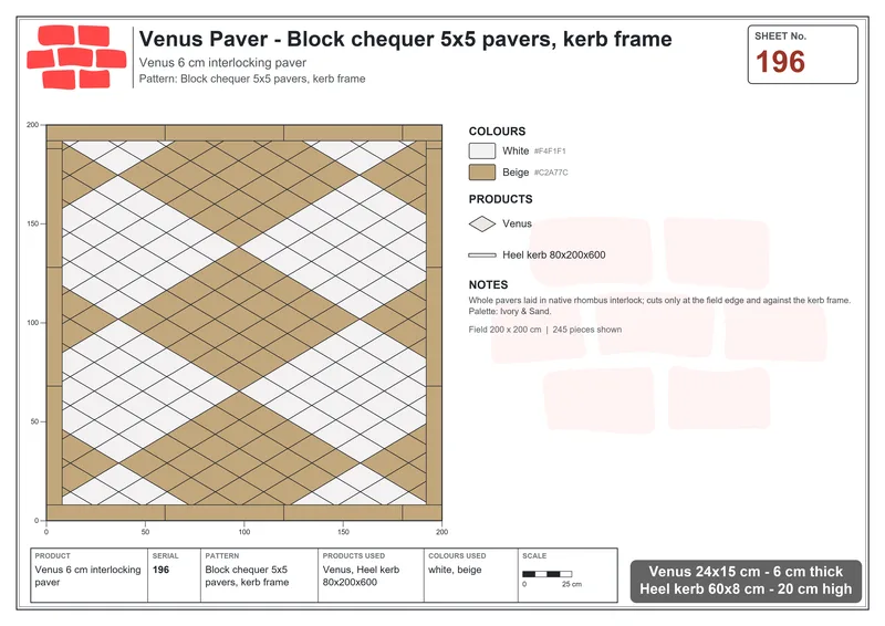 Interlock (Pasco) 24x15 cm · VEN-196 · Block chequer 5x5 pavers, kerb frame · Laying plan