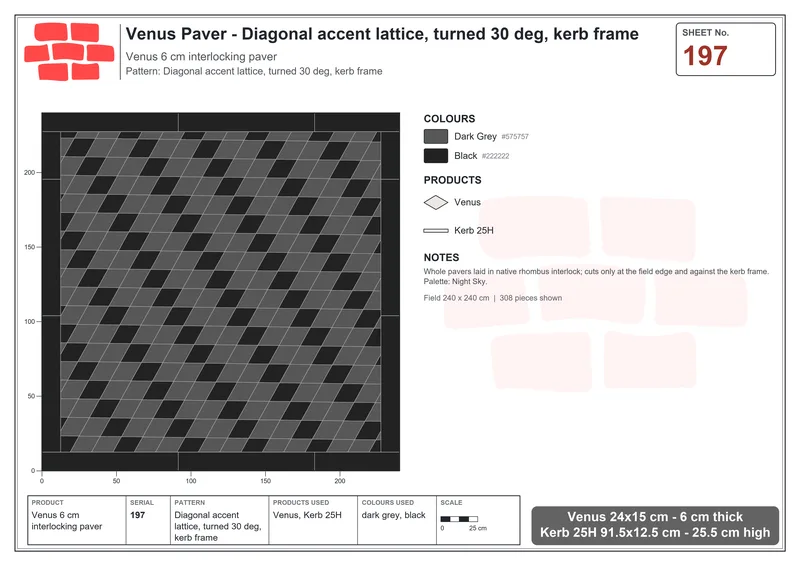 Interlock (Pasco) 24x15 cm · VEN-197 · Diagonal accent lattice, turned 30 deg, kerb frame · Laying plan